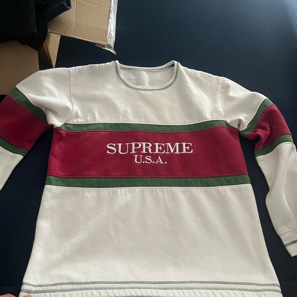 Supreme Embroidered Crewneck with Red and Green Stripes